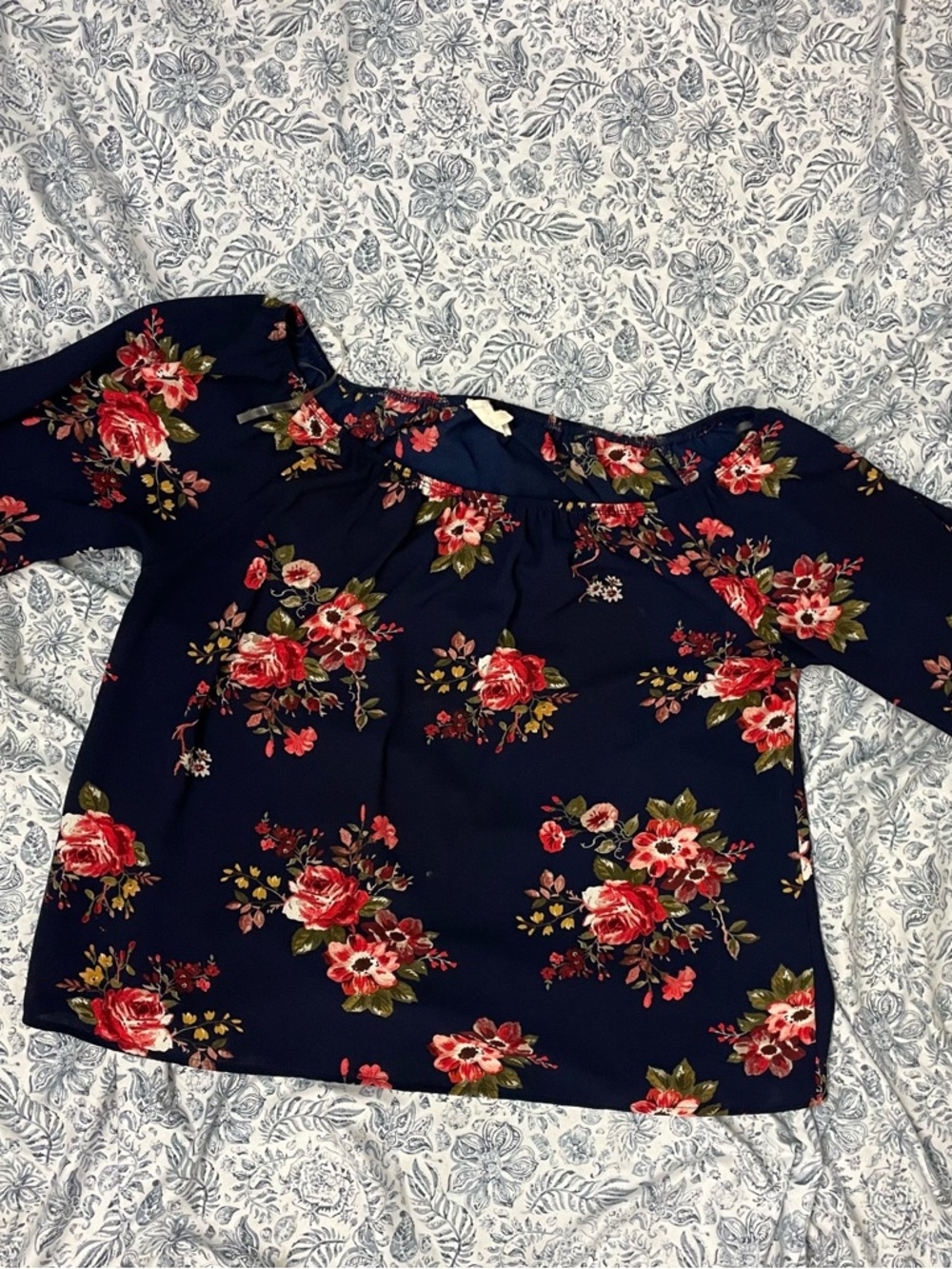 Blue Navy Off-Shoulder Floral Blouse with Red Roses